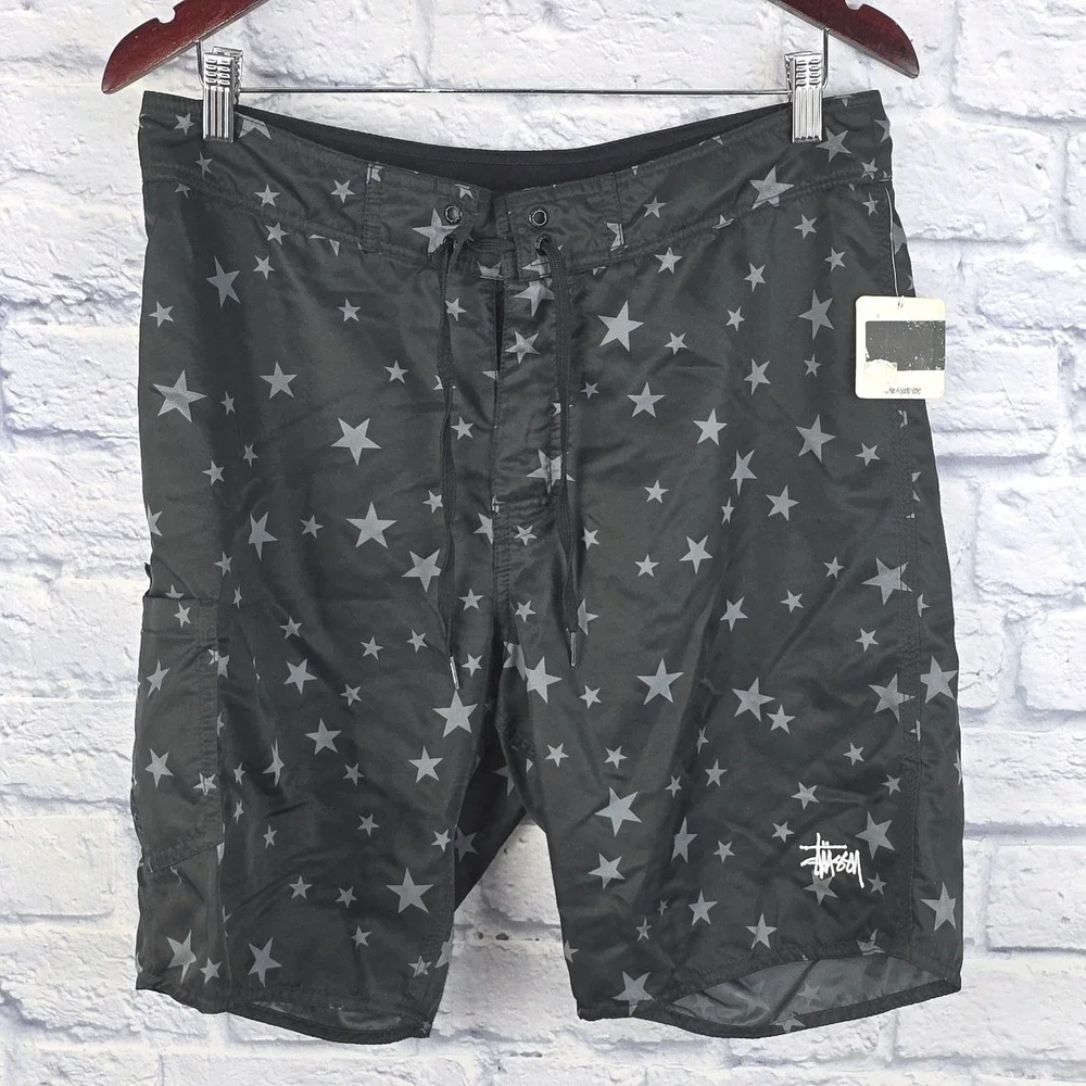 NWT Stussy Mens Star Print Board Cargo Shorts‎ Black Grey Swim Trunks Size 33